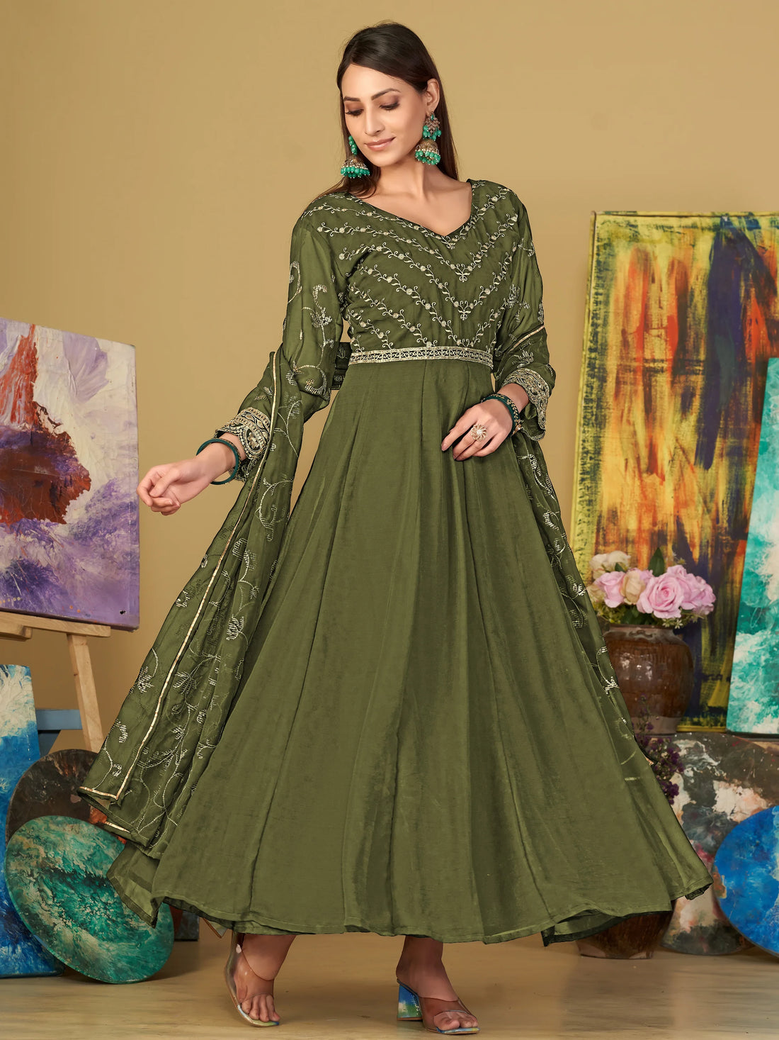 Virtuous Olive Green Sequins Georgette Festive Wear Anarkali Suit - Zeel Clothing