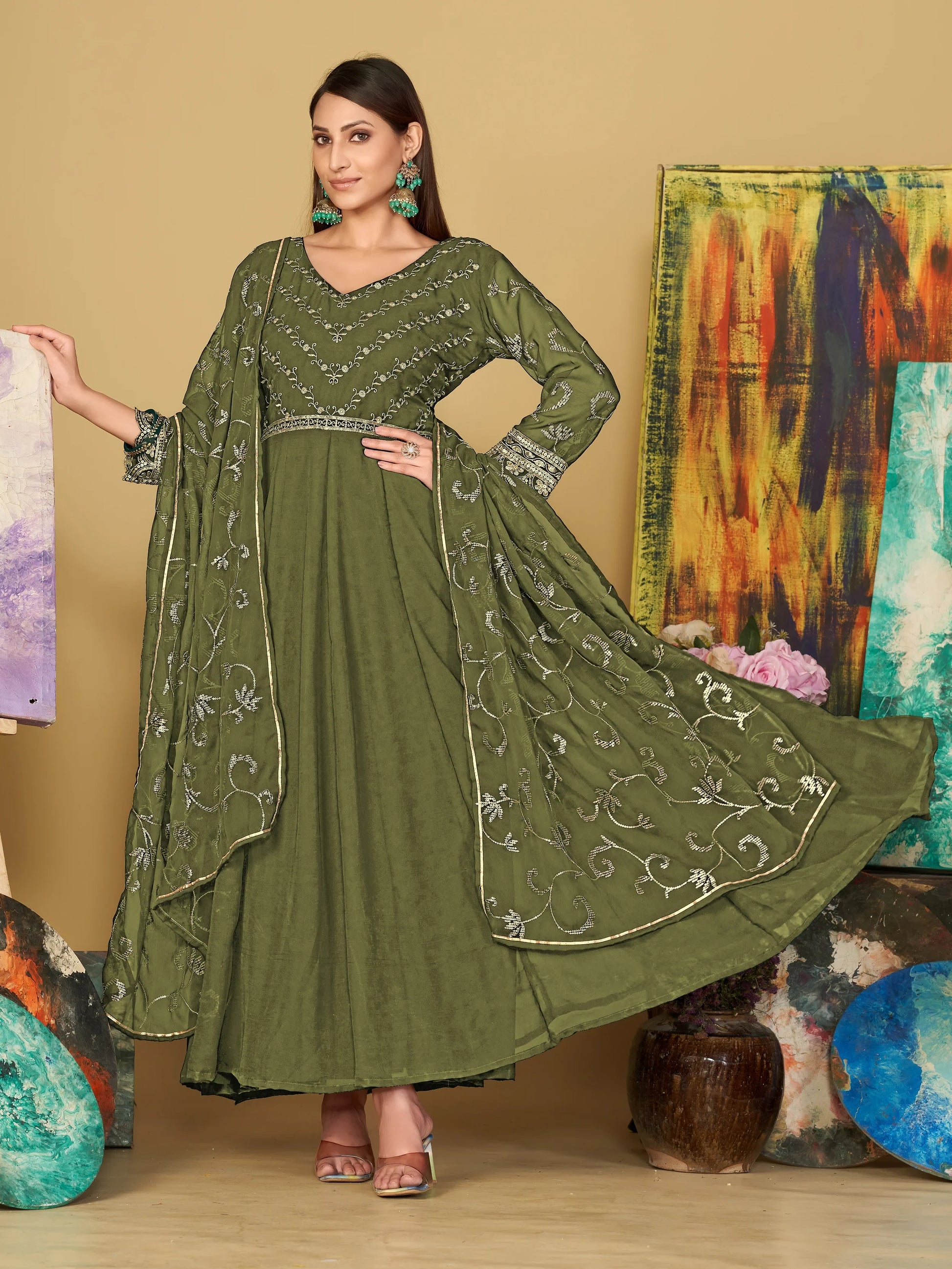 Virtuous Olive Green Sequins Georgette Festive Wear Anarkali Suit - Zeel Clothing