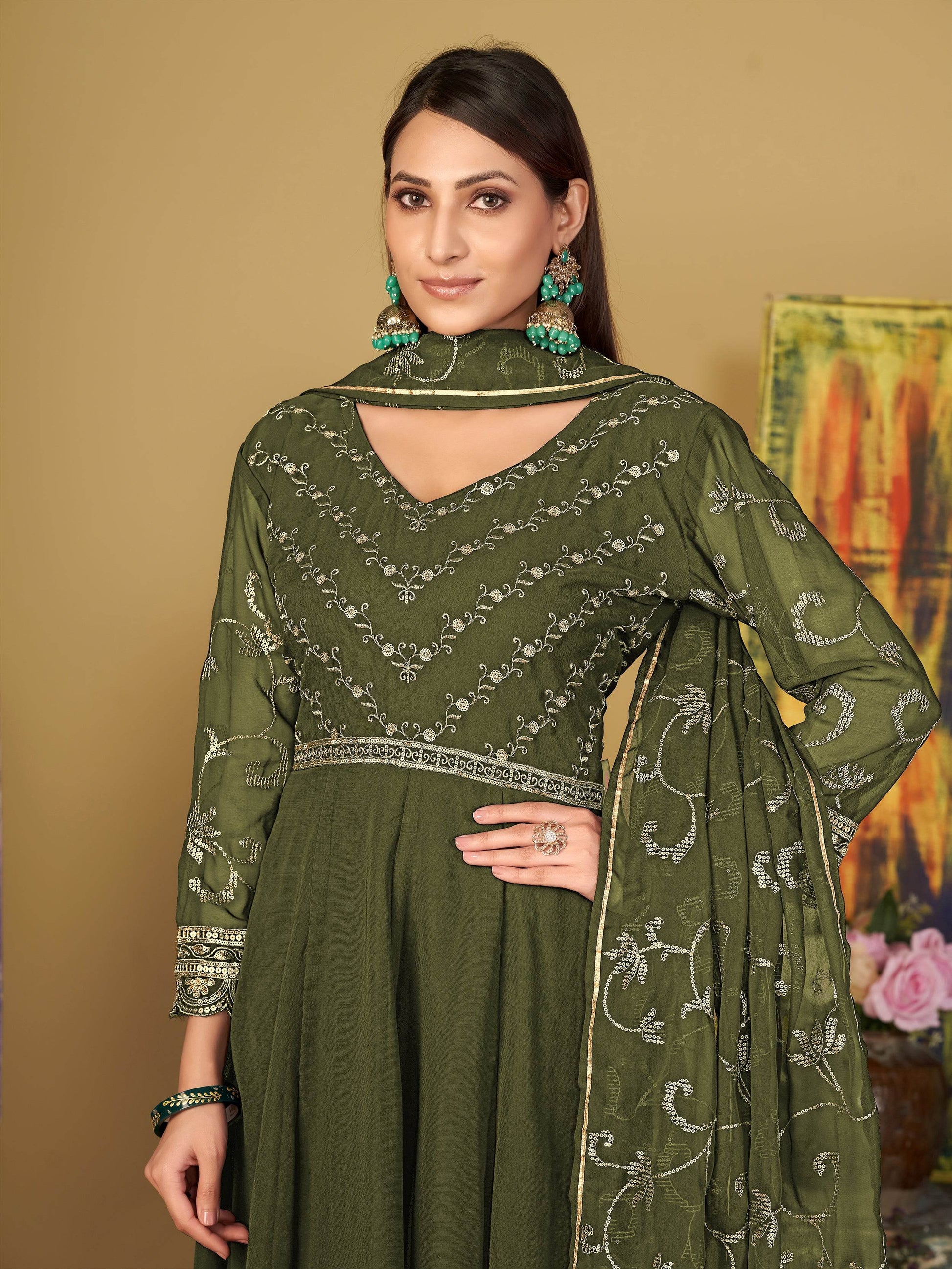 Virtuous Olive Green Sequins Georgette Festive Wear Anarkali Suit - Zeel Clothing