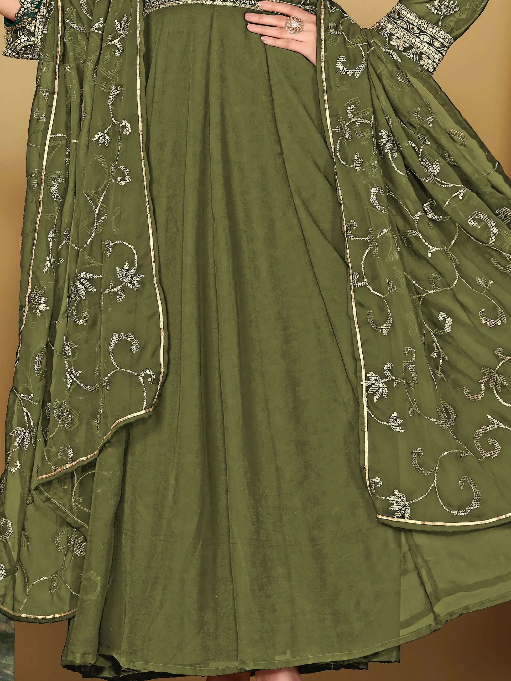 Virtuous Olive Green Sequins Georgette Festive Wear Anarkali Suit - Zeel Clothing