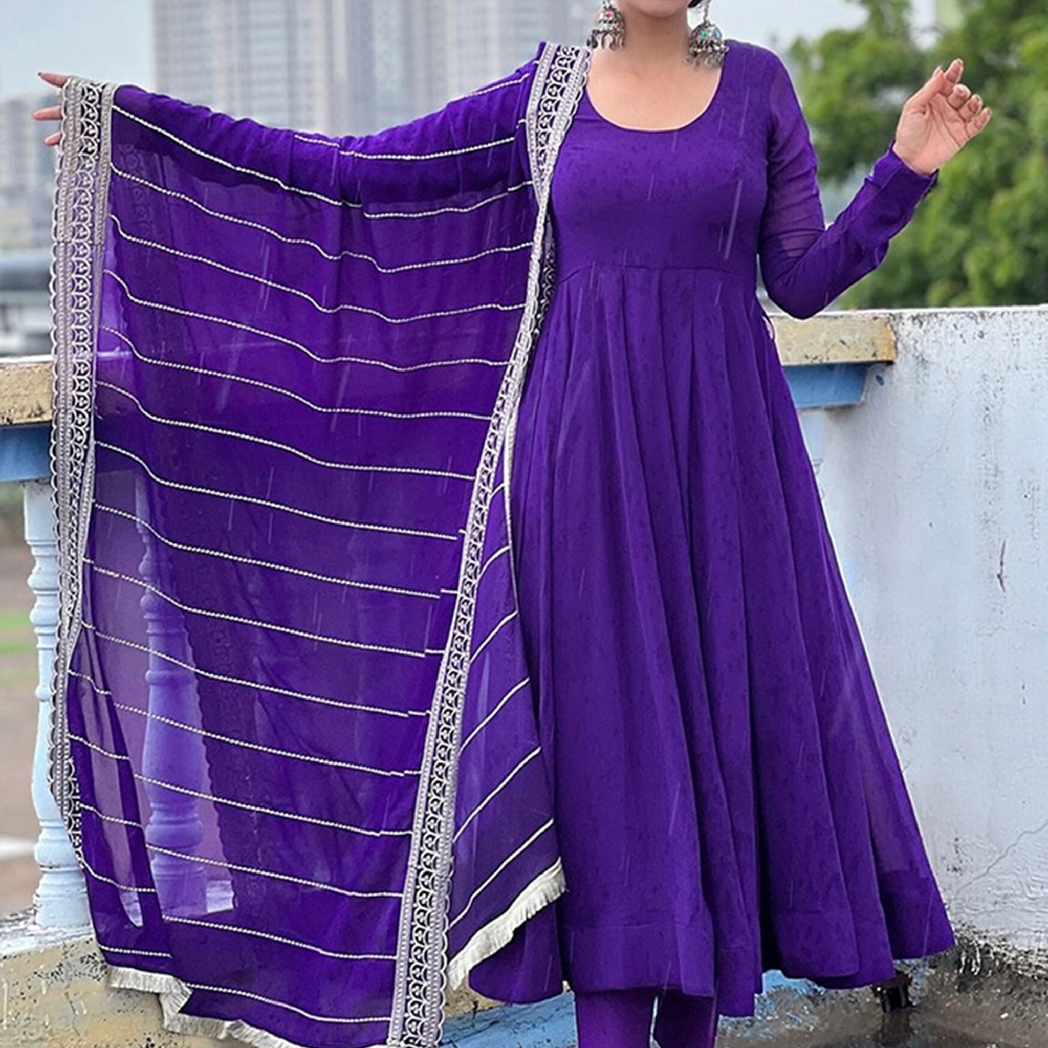 Dazzling Purple Georgette Event Wear Anarkali Suit Pant With Dupatta
