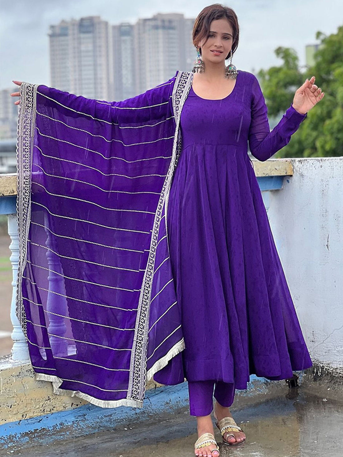 Dazzling Purple Georgette Event Wear Anarkali Suit Pant With Dupatta