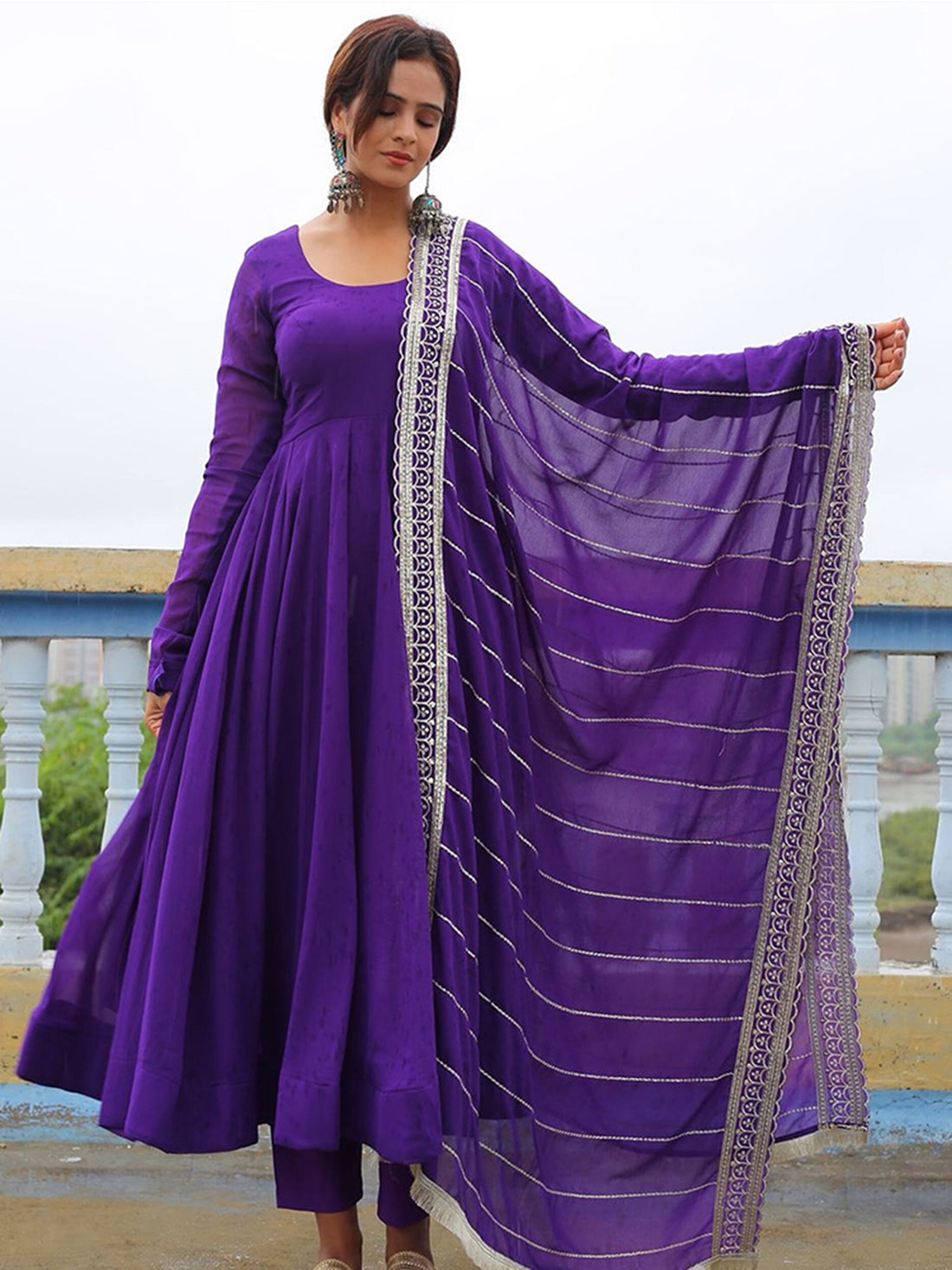 Dazzling Purple Georgette Event Wear Anarkali Suit Pant With Dupatta