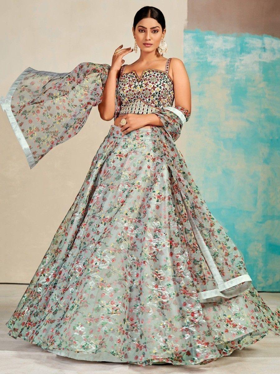 Ravishing Grey Digital Print Organza Lehenga Choli With Dupatta