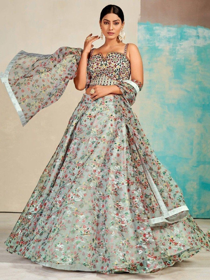Ravishing Grey Digital Print Organza Lehenga Choli With Dupatta