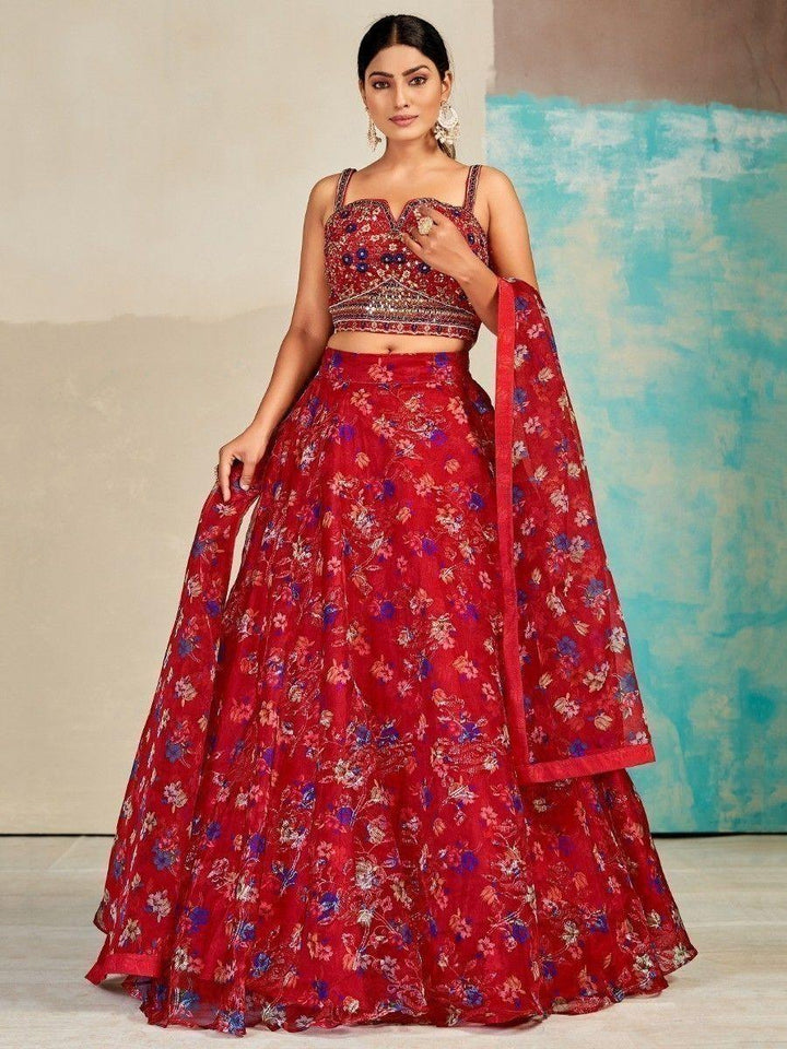 Excellent Red Digital Print Organza Party Wear Lehenga Choli