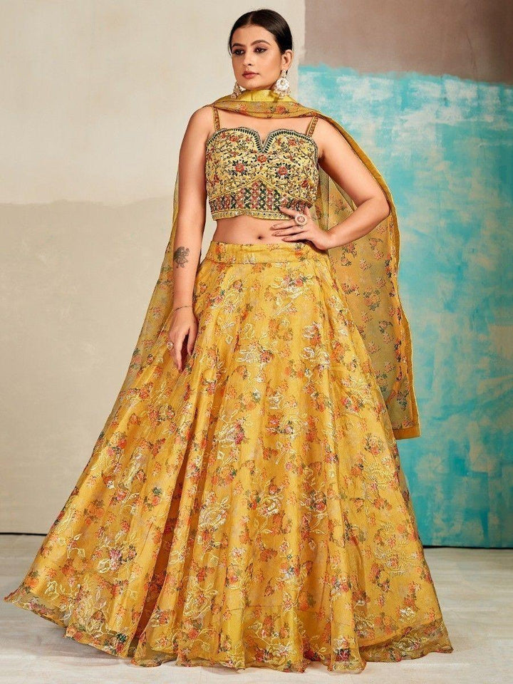 Incredible Yellow Digital Print Organza Readymade Lehenga Choli