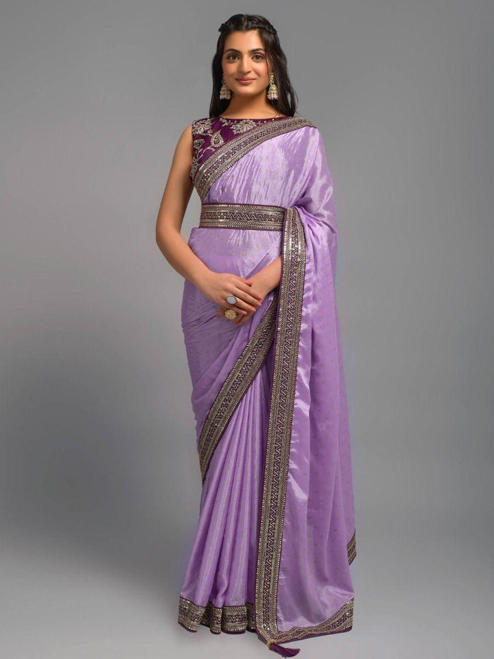Bewitching Lavender Heavy Lace Border Chinon Wedding Wear Saree
