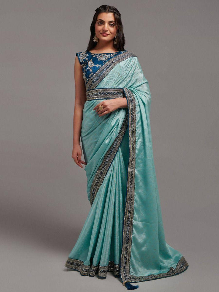 Beautiful Mint Blue Chinon Saree With Embroidered Blouse