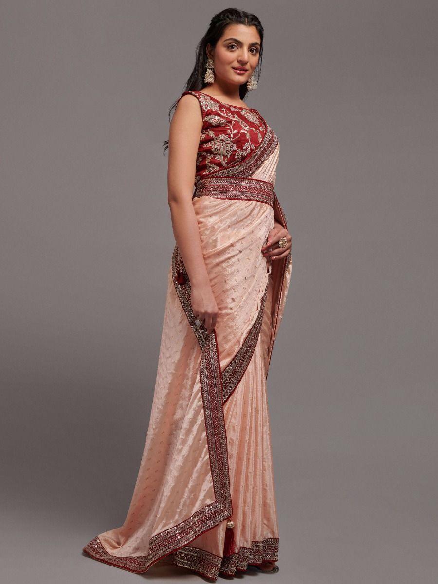 Gorgeous Peach Chinon Reception Wear Saree With Embroidered Blouse