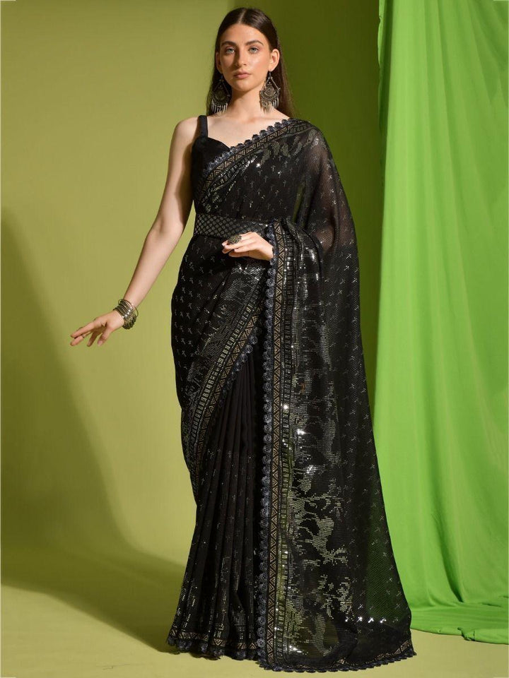 Tantalizing Black Sequins Georgette Cocktail Party Wear Saree