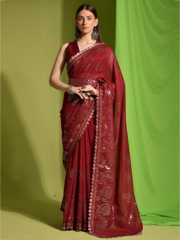 Captivating Maroon Sequins Georgette Event Wear Saree With Blouse