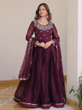 Phenomenal Wine Sequins Silk Wedding Gown With Dupatta
