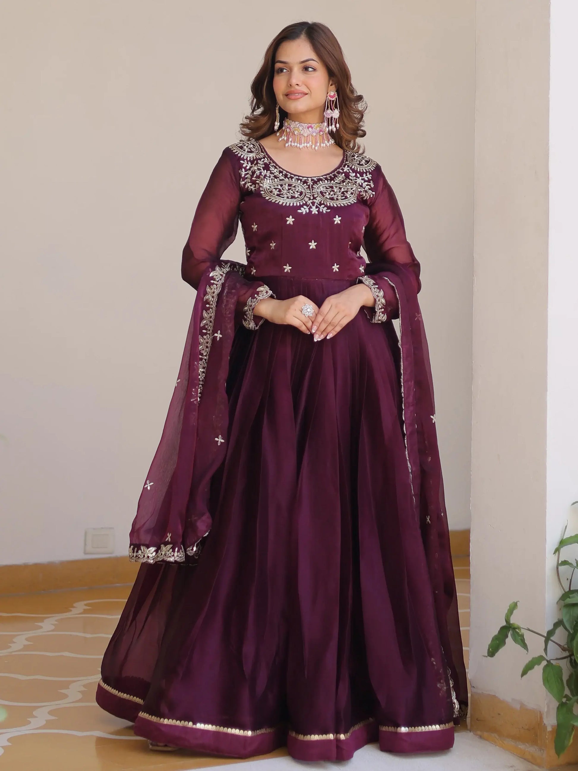 Phenomenal Wine Sequins Silk Wedding Gown With Dupatta
