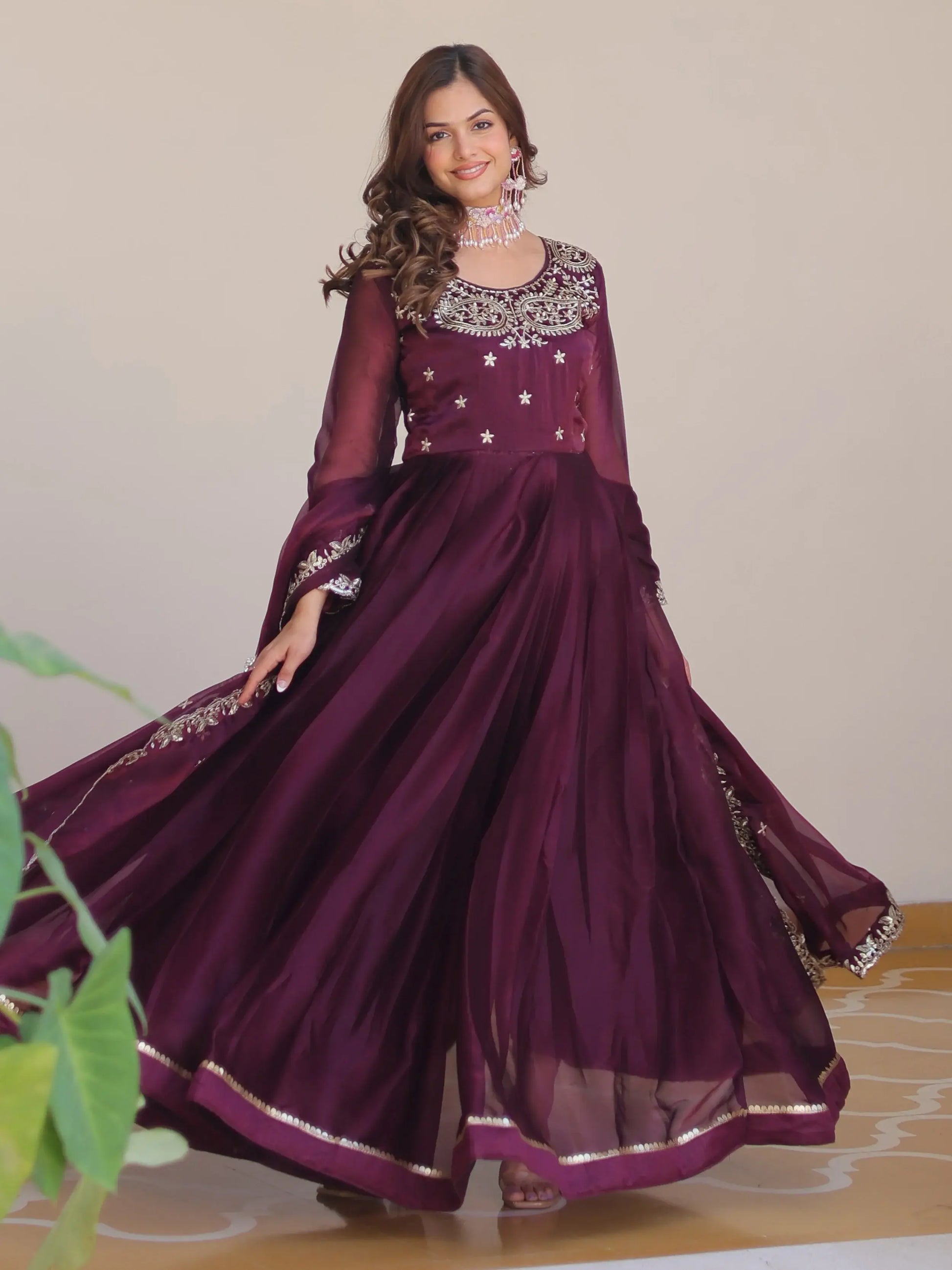 Phenomenal Wine Sequins Silk Wedding Gown With Dupatta