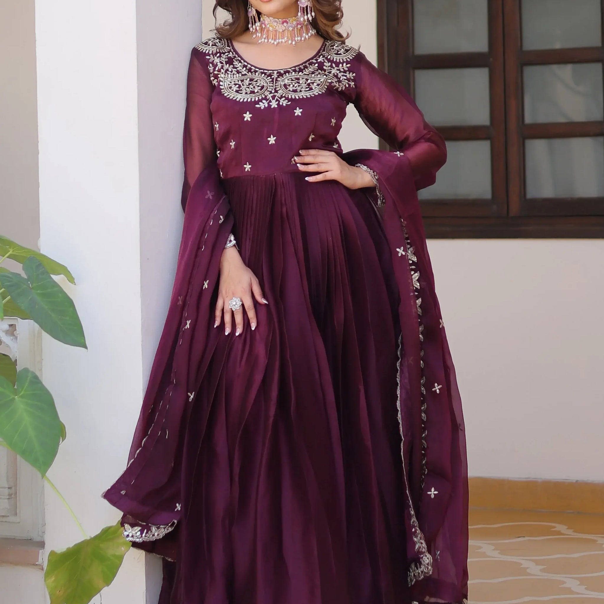 Phenomenal Wine Sequins Silk Wedding Gown With Dupatta