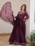 Phenomenal Wine Sequins Silk Wedding Gown With Dupatta