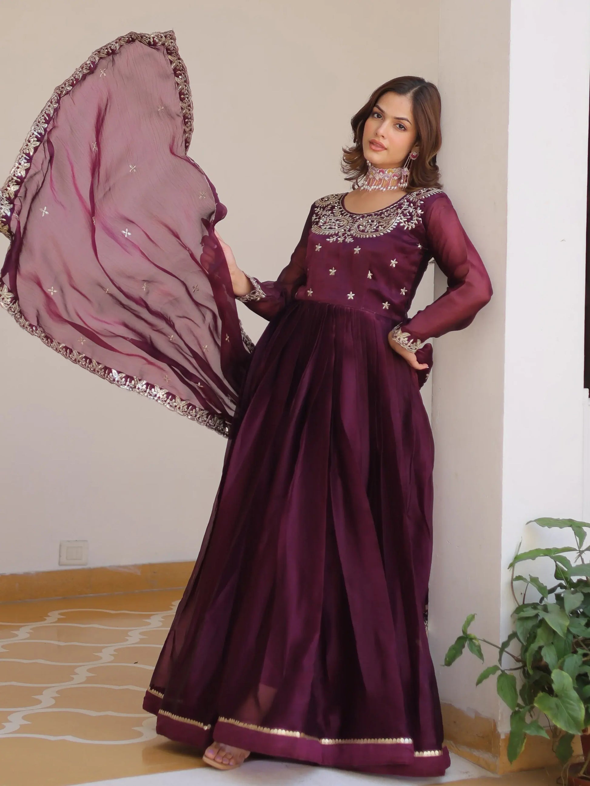 Phenomenal Wine Sequins Silk Wedding Gown With Dupatta
