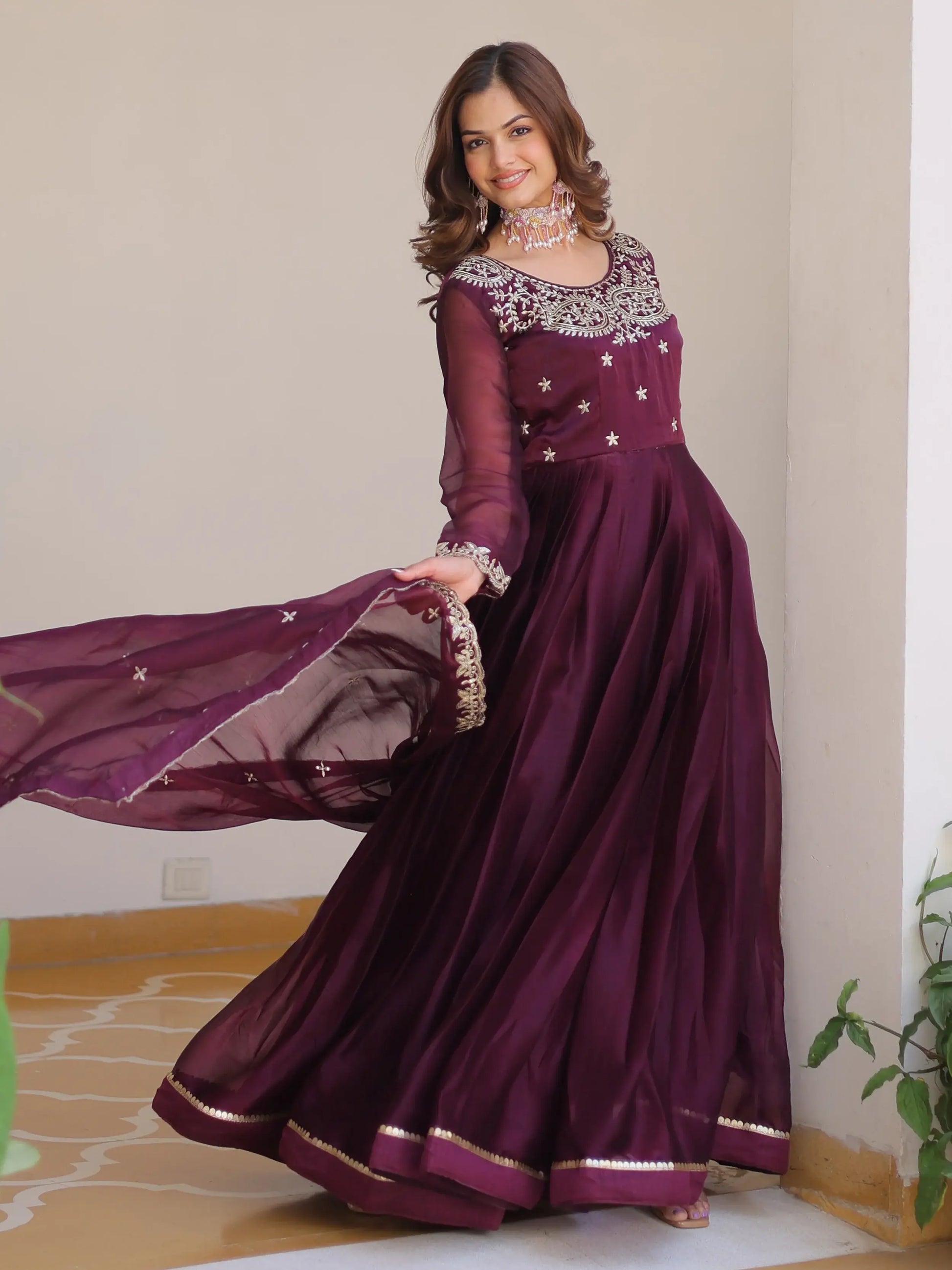 Phenomenal Wine Sequins Silk Wedding Gown With Dupatta