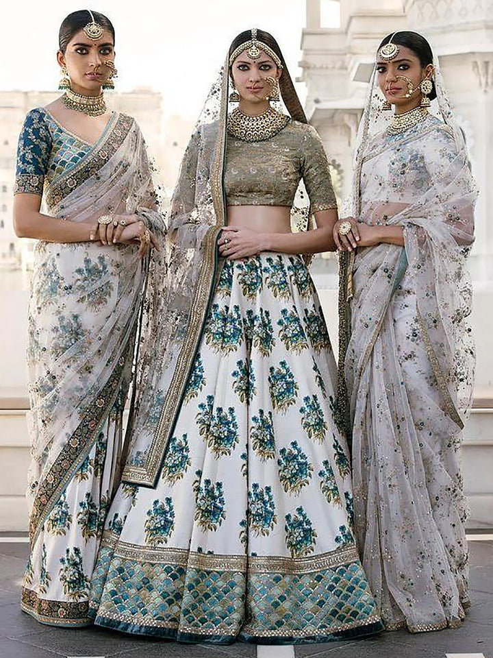 White Botanical Flower Butta Printed Lehenga with Embroidered Blouse