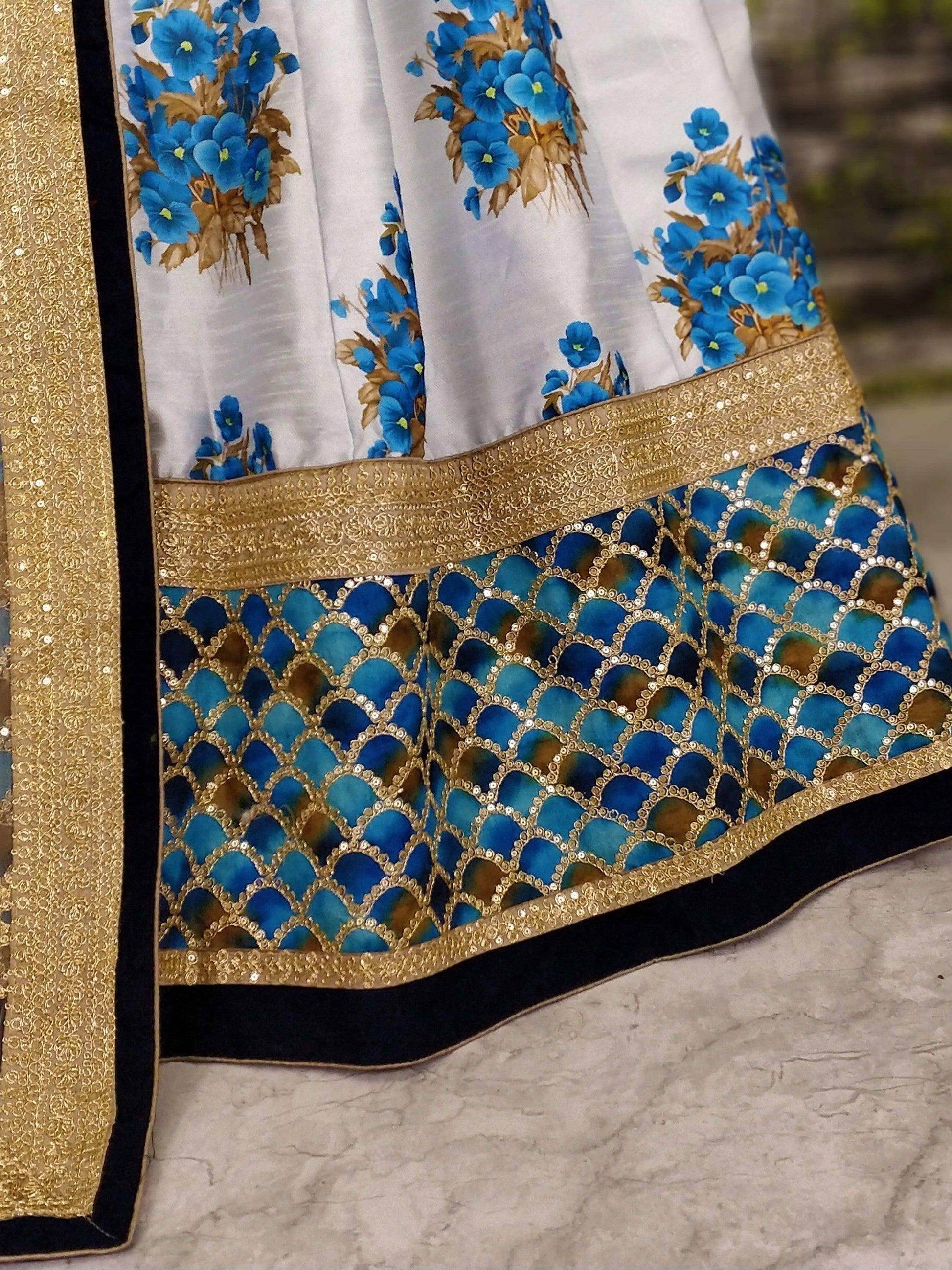 White Botanical Flower Butta Printed Lehenga with Embroidered Blouse - Zeel Clothing