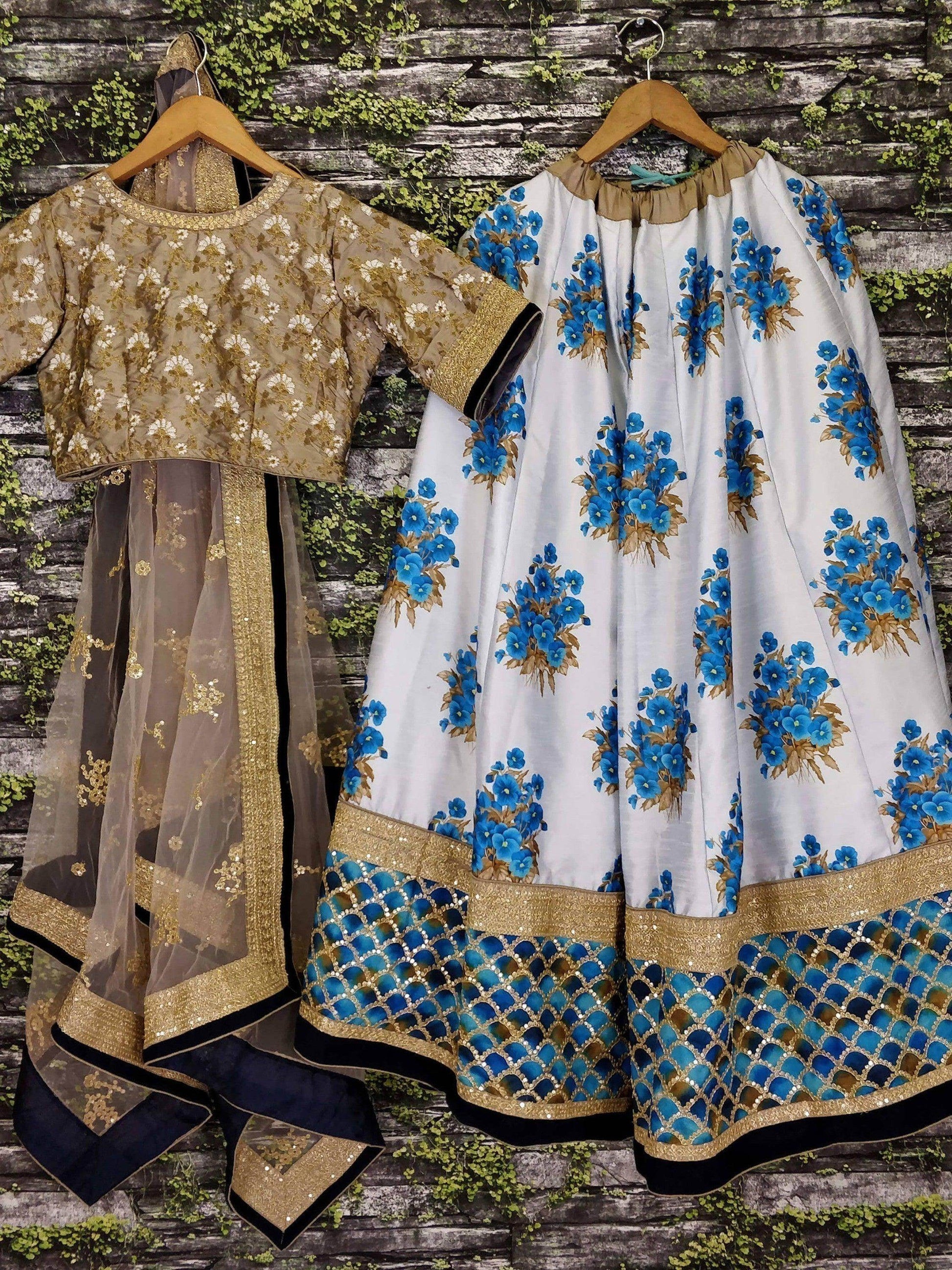 White Botanical Flower Butta Printed Lehenga with Embroidered Blouse - Zeel Clothing