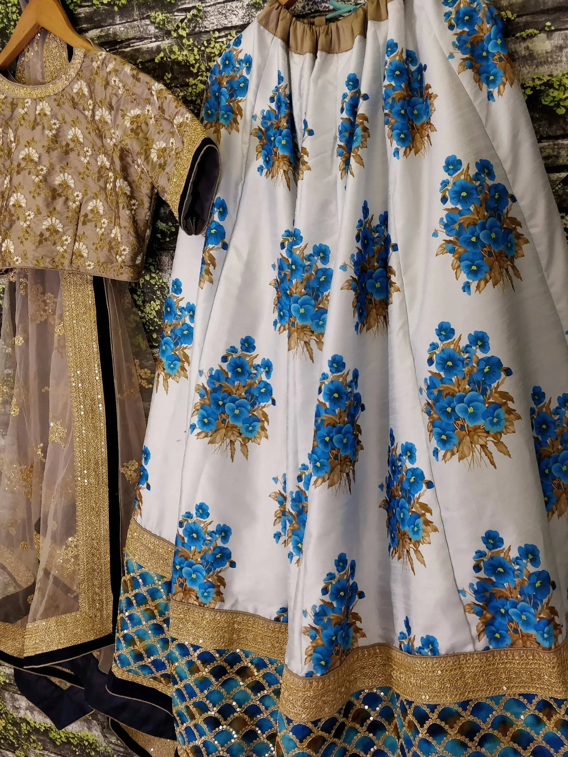 White Botanical Flower Butta Printed Lehenga with Embroidered Blouse - Zeel Clothing