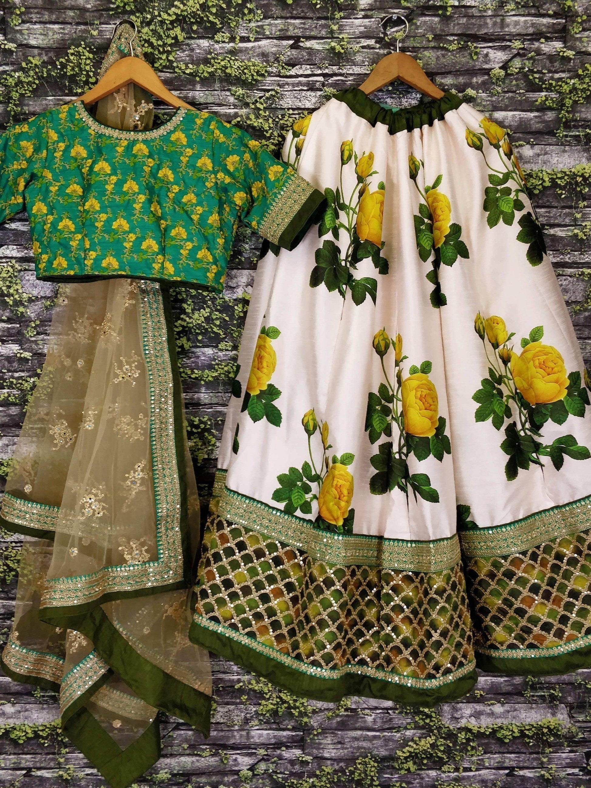 White Floral Printed Designer Lehengas with Embroidered Blouse - Zeel Clothing