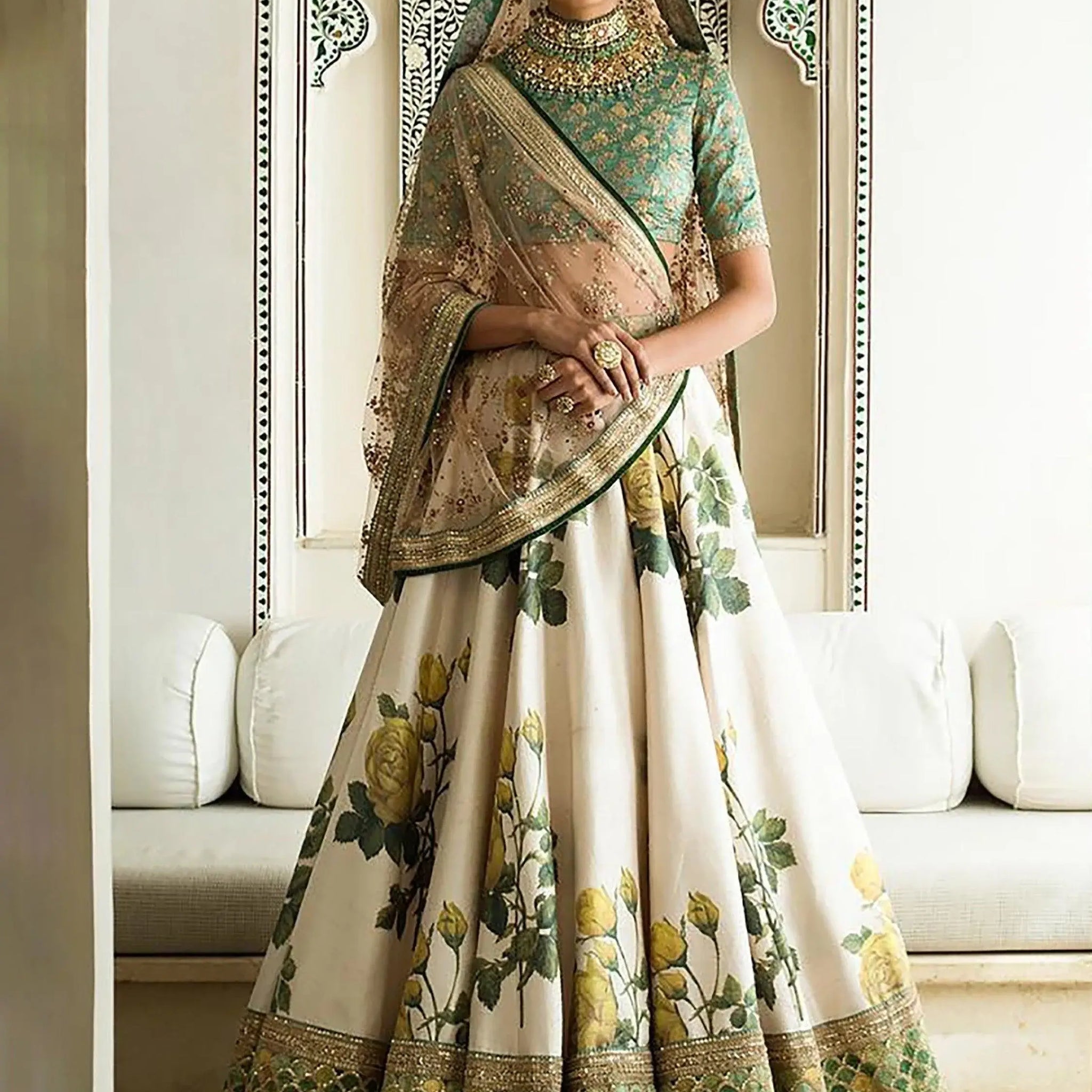 White Floral Printed Designer Lehengas with Embroidered Blouse - Zeel Clothing