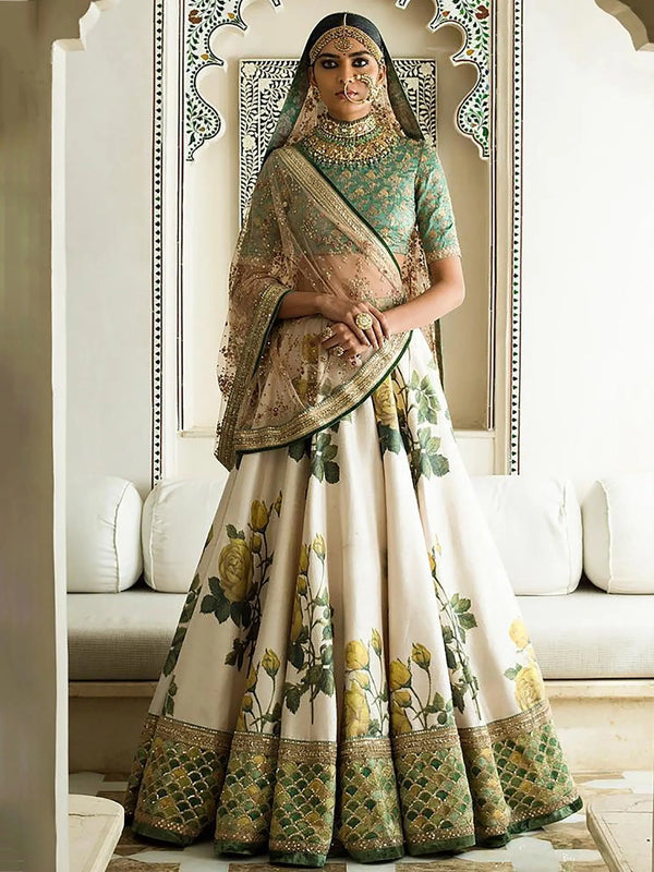 White Floral Printed Designer Lehengas with Embroidered Blouse - Zeel Clothing
