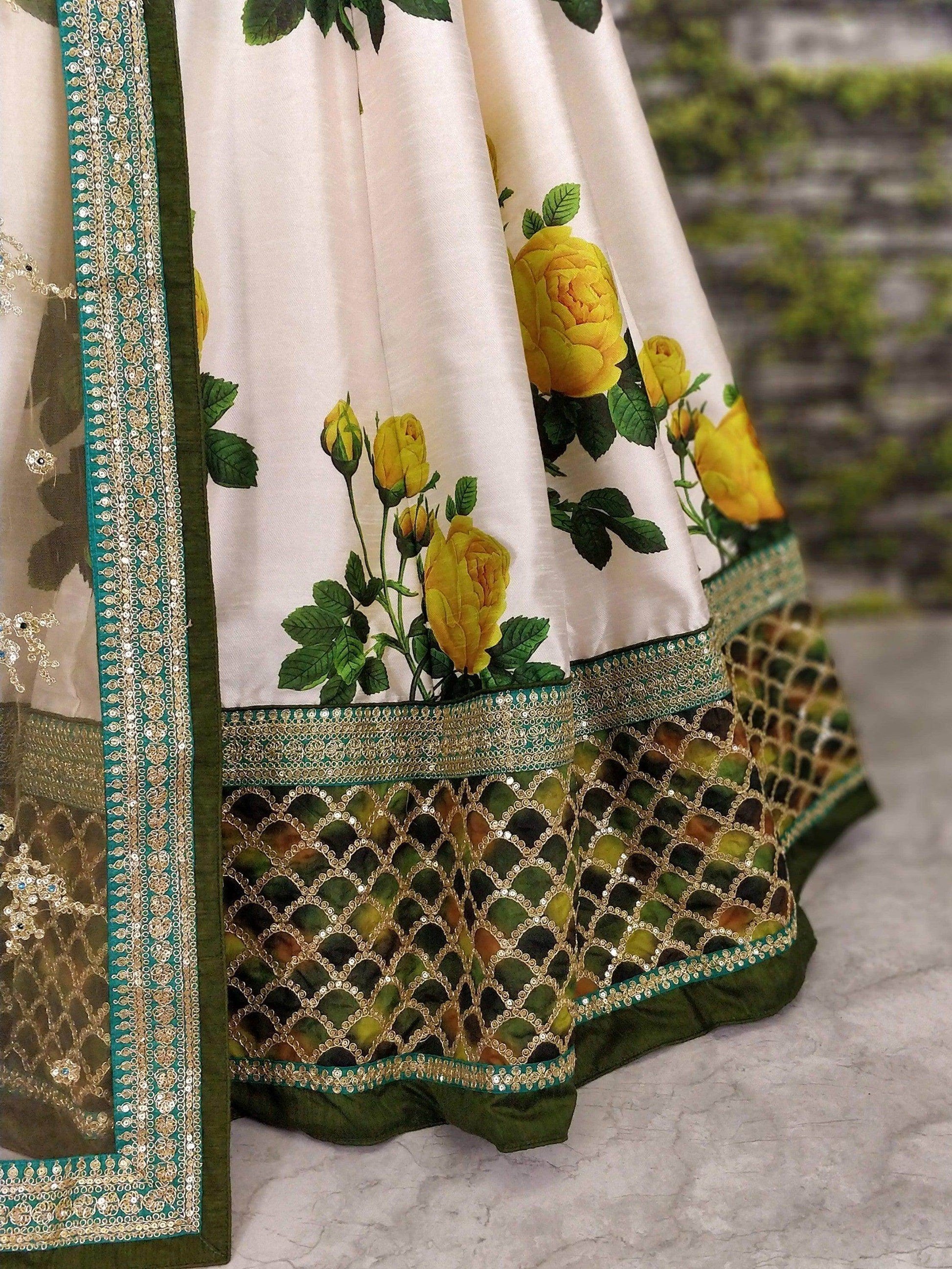 White Floral Printed Designer Lehengas with Embroidered Blouse - Zeel Clothing