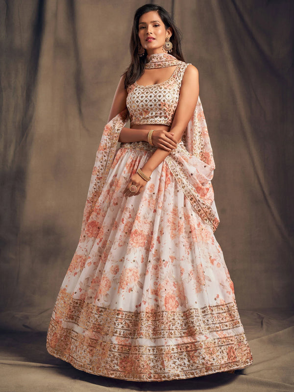 Zeel Clothing organza floral lehenga choli — best premium lehenga choli for women (white floral variant shown; dark purple linked)