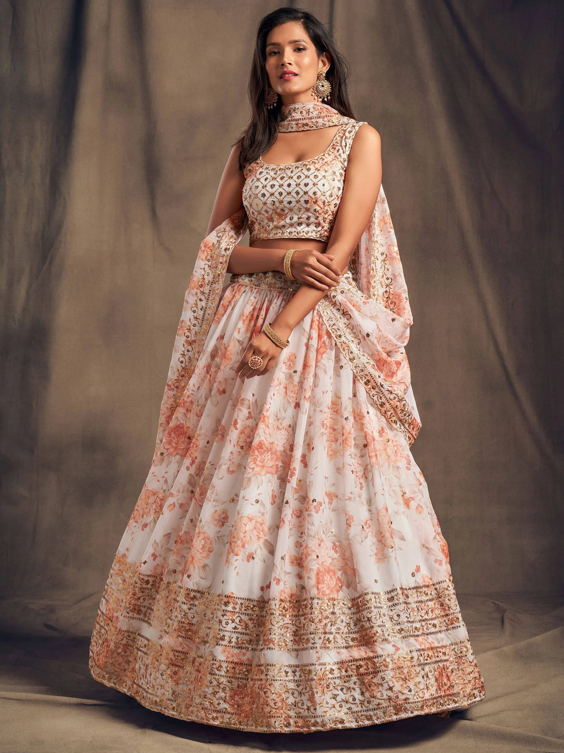 White Floral Printed Organza Festival Lehenga Choli - Zeel Clothing