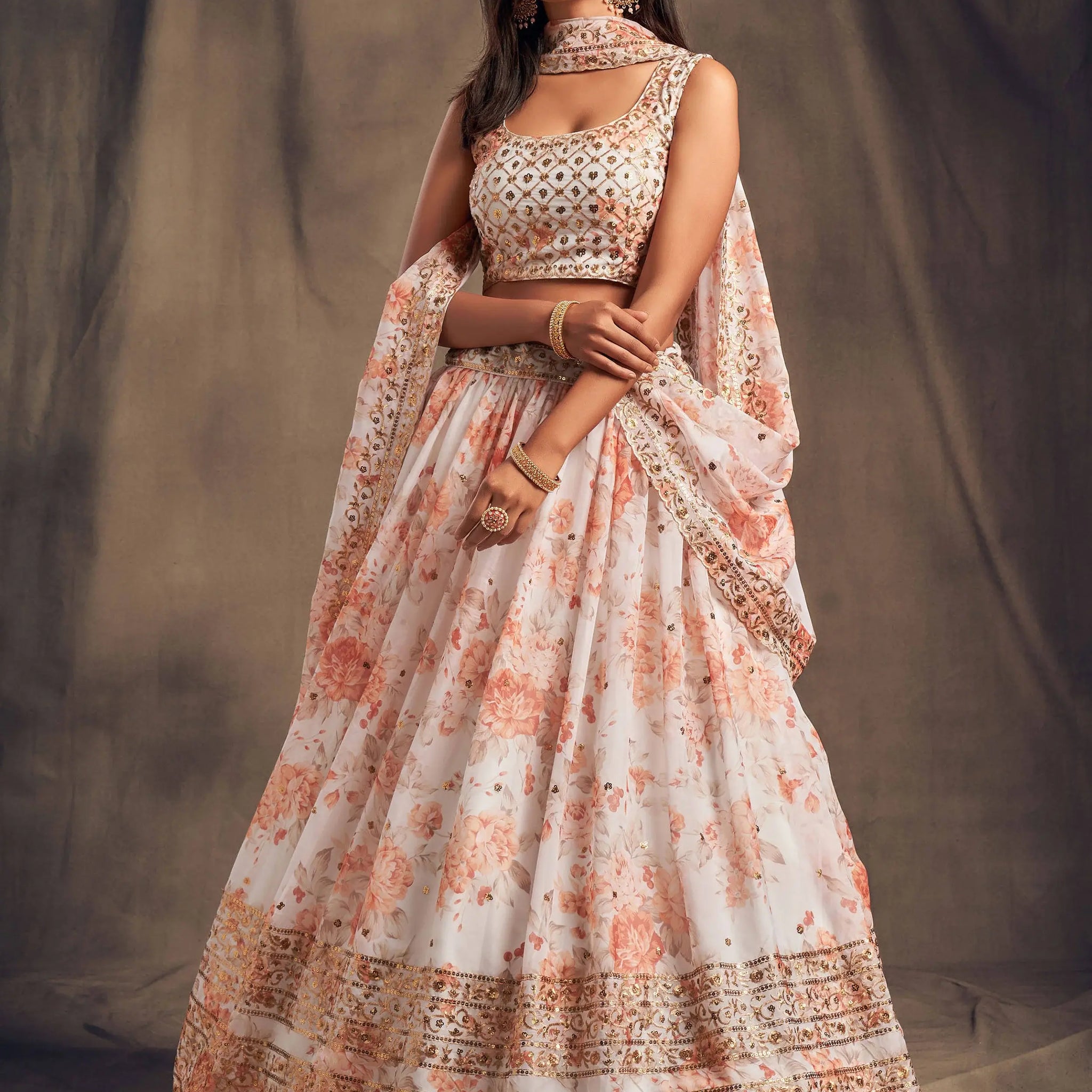 White Floral Printed Organza Festival Lehenga Choli - Zeel Clothing