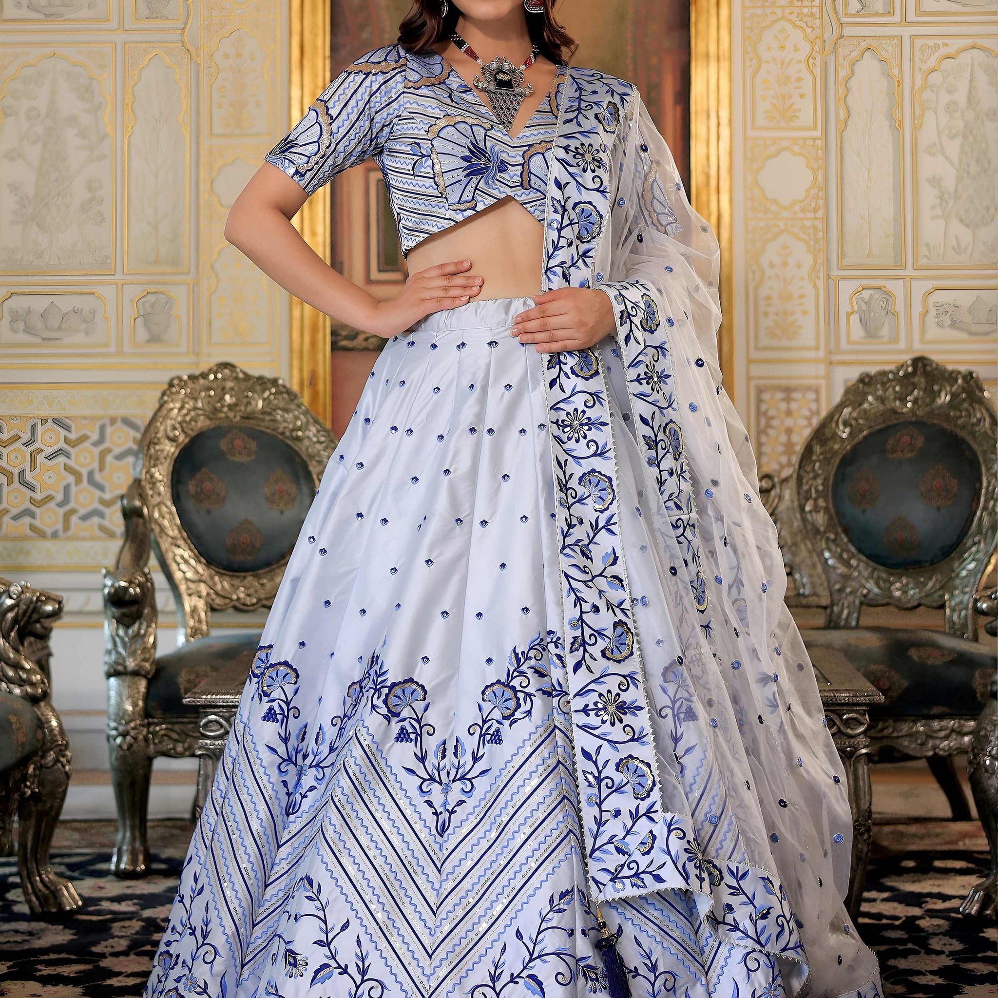 Delicate White Thread Work Satin Wedding Wear Lehenga Choli With Dupatta