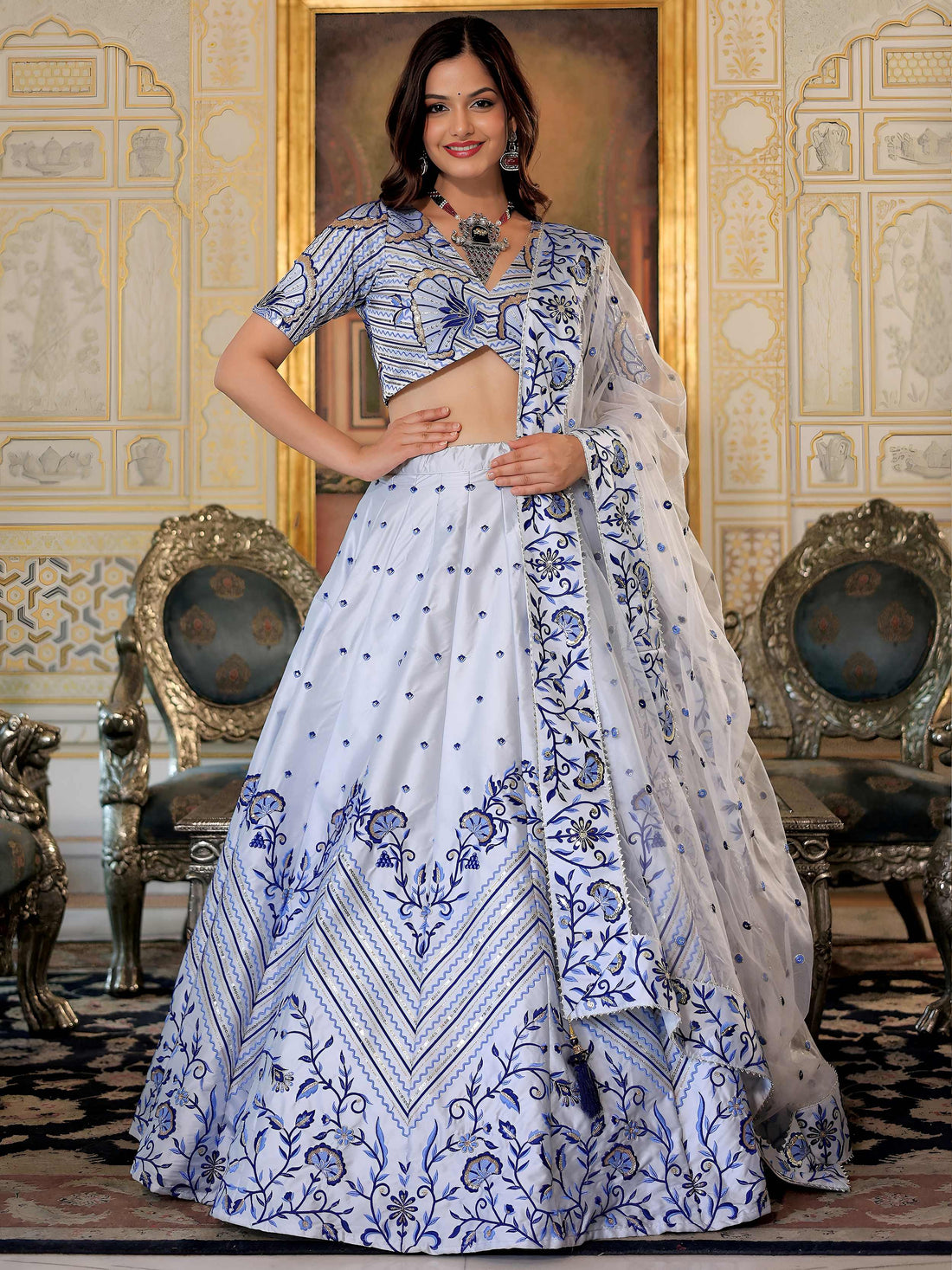 Delicate White Thread Work Satin Wedding Wear Lehenga Choli With Dupatta