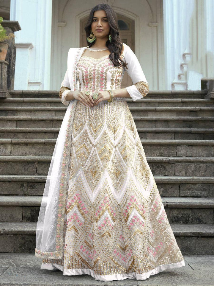 Wonderful White Embroidered Net Weeding Wear Anarkali Suit