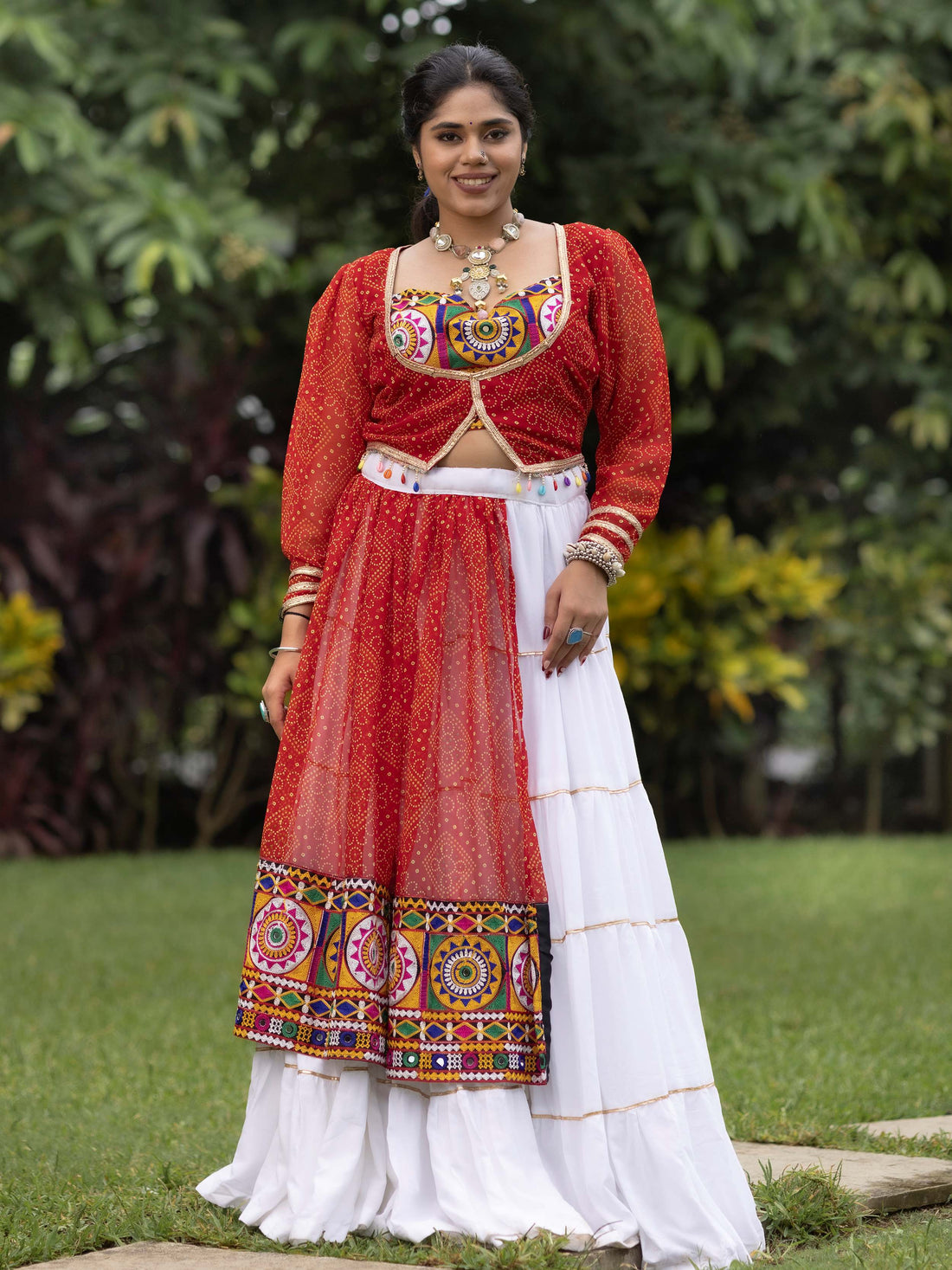 Memorable White Bandhani Printed Rayon Navratri Wear Crop Top Lehenga With Koti