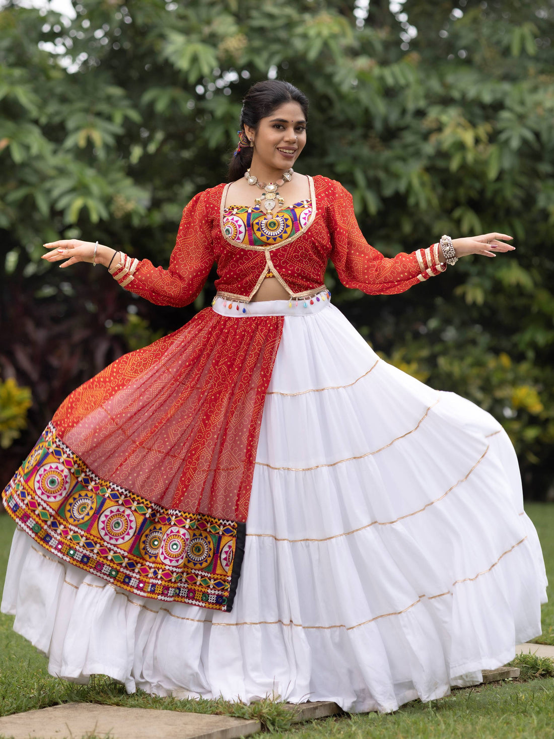 Memorable White Bandhani Printed Rayon Navratri Wear Crop Top Lehenga With Koti
