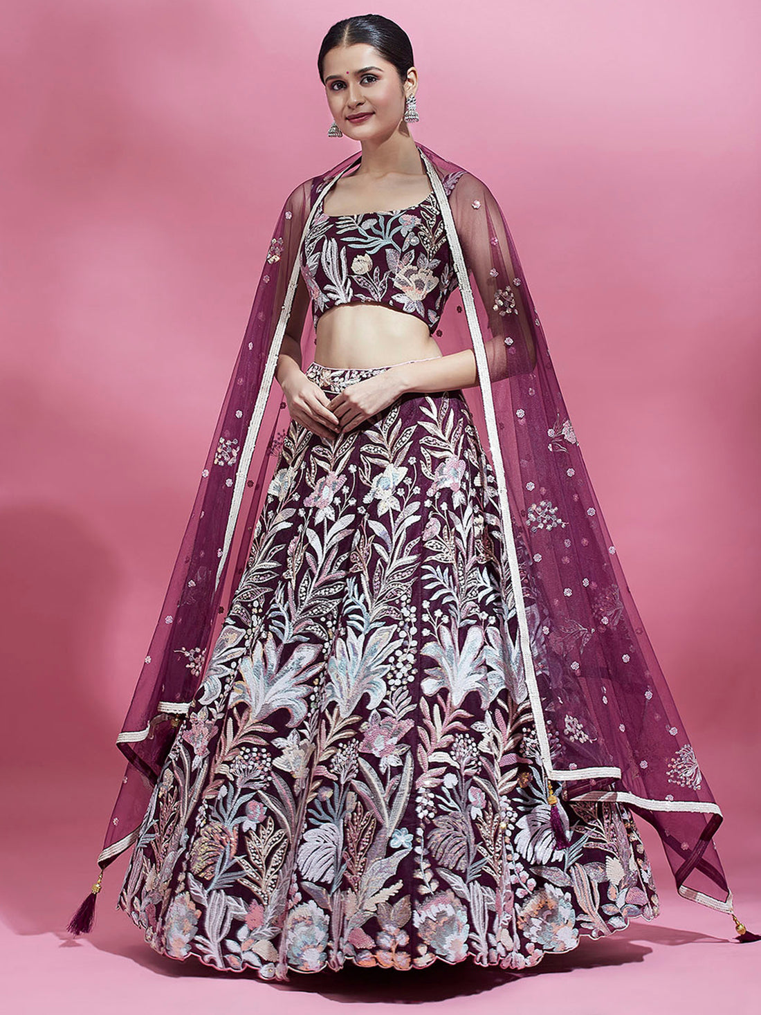 Spectacular Wine Sequins Net Engagement Wear Lehenga Choli