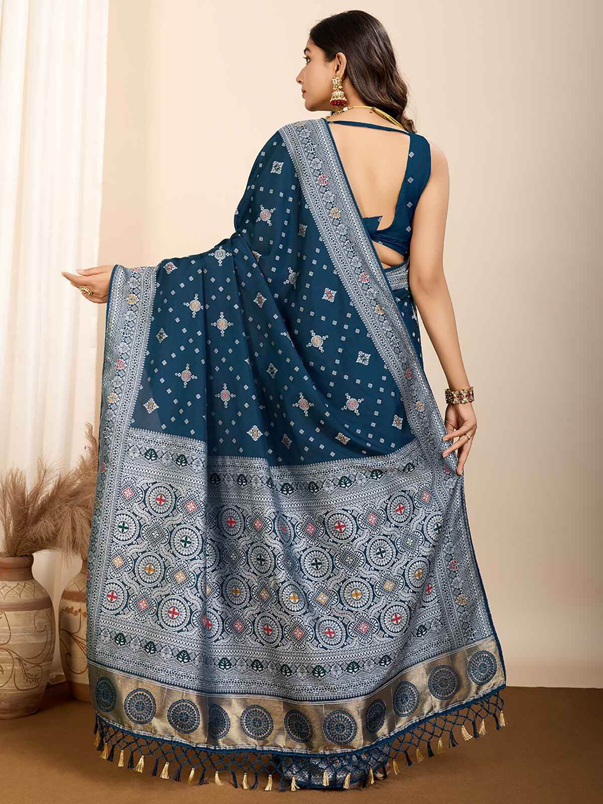 Winsome Teal Blue Zari Weaving Silk Function Wear Saree With Blouse - Zeel Clothing