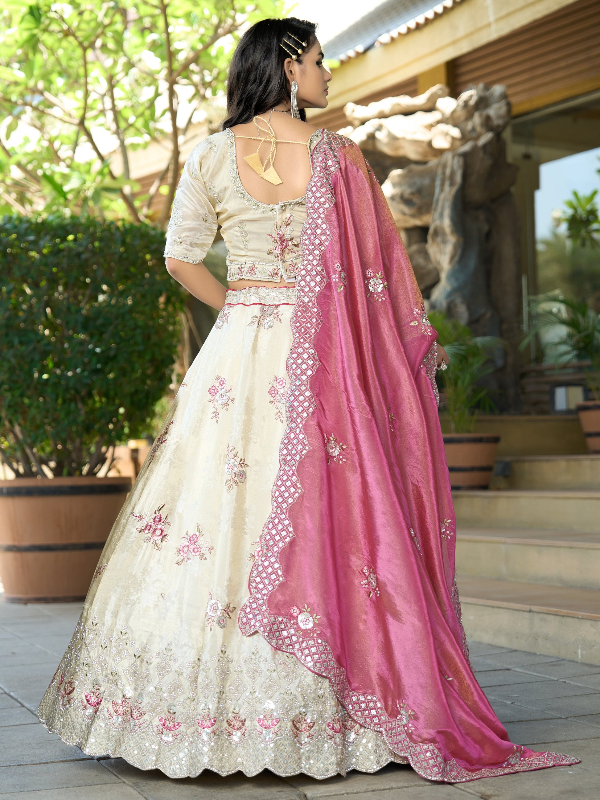 Sweet Off White Zarkan Work Jacquard Reception Wear Lehenga With Blouse