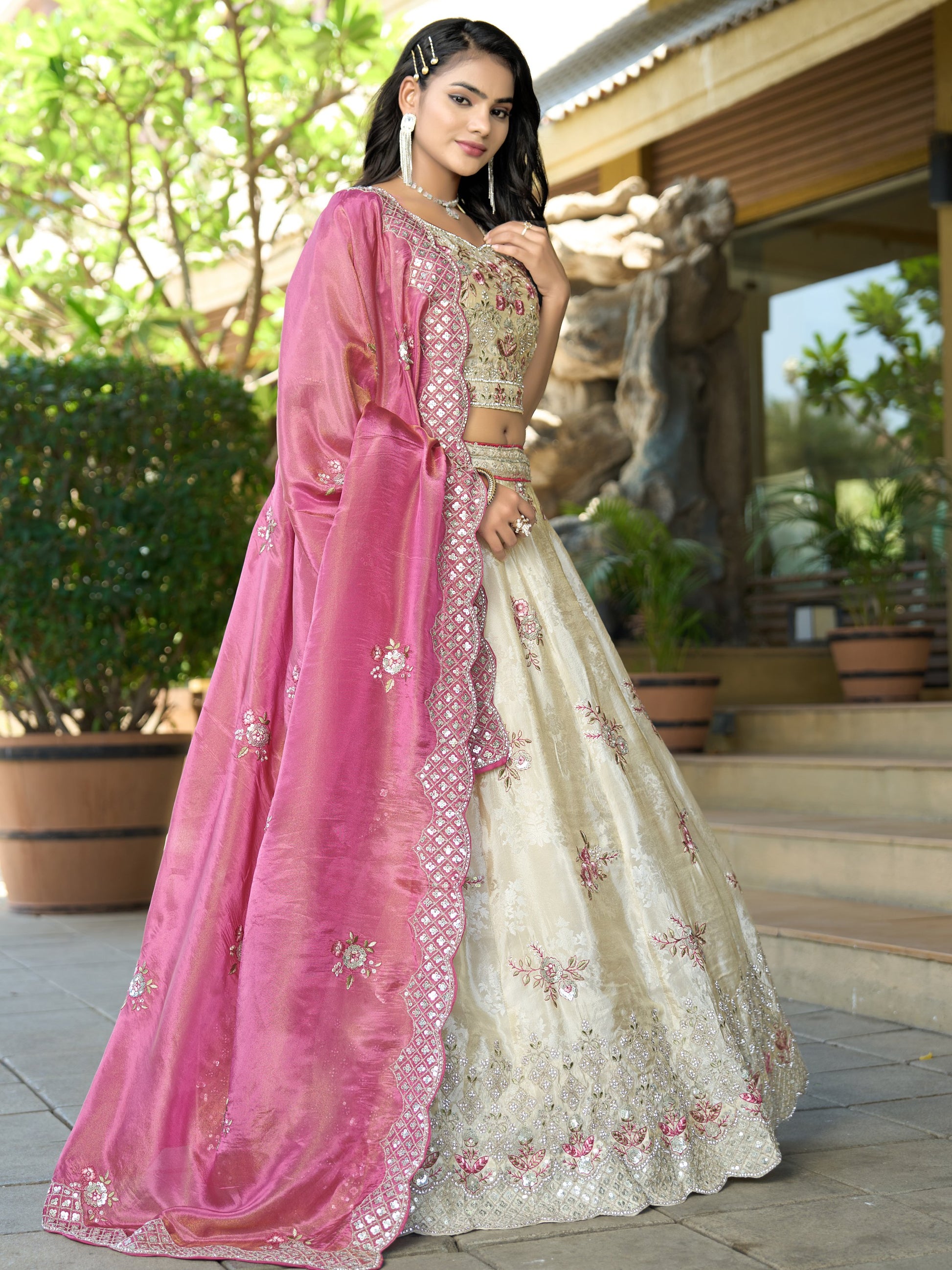 Sweet Off White Zarkan Work Jacquard Reception Wear Lehenga With Blouse