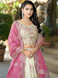 Sweet Off White Zarkan Work Jacquard Reception Wear Lehenga With Blouse