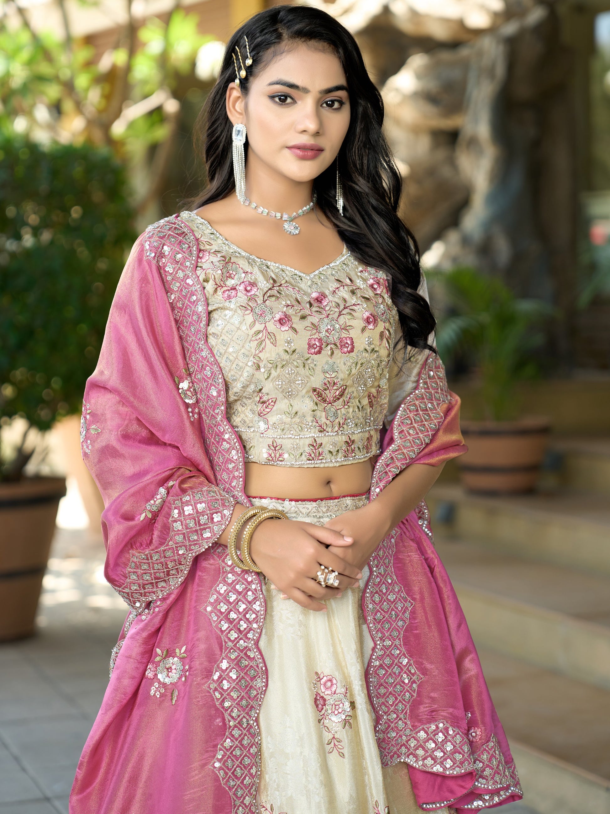 Sweet Off White Zarkan Work Jacquard Reception Wear Lehenga With Blouse