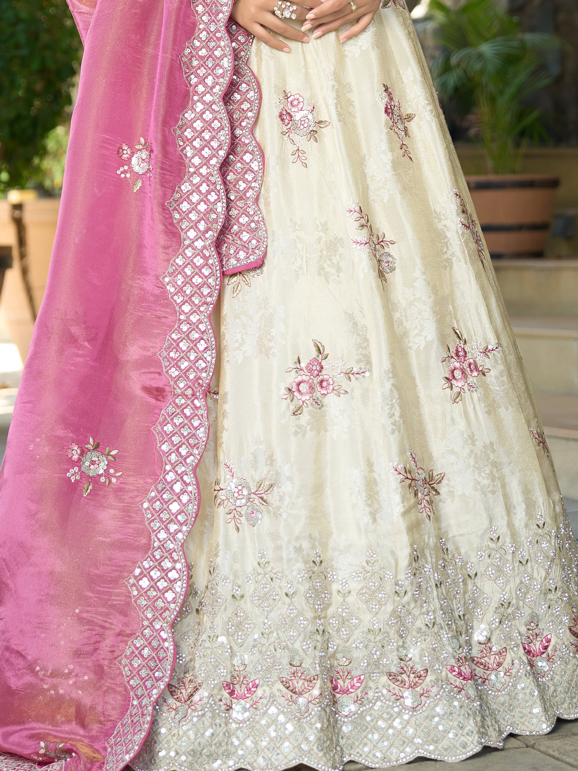 Sweet Off White Zarkan Work Jacquard Reception Wear Lehenga With Blouse