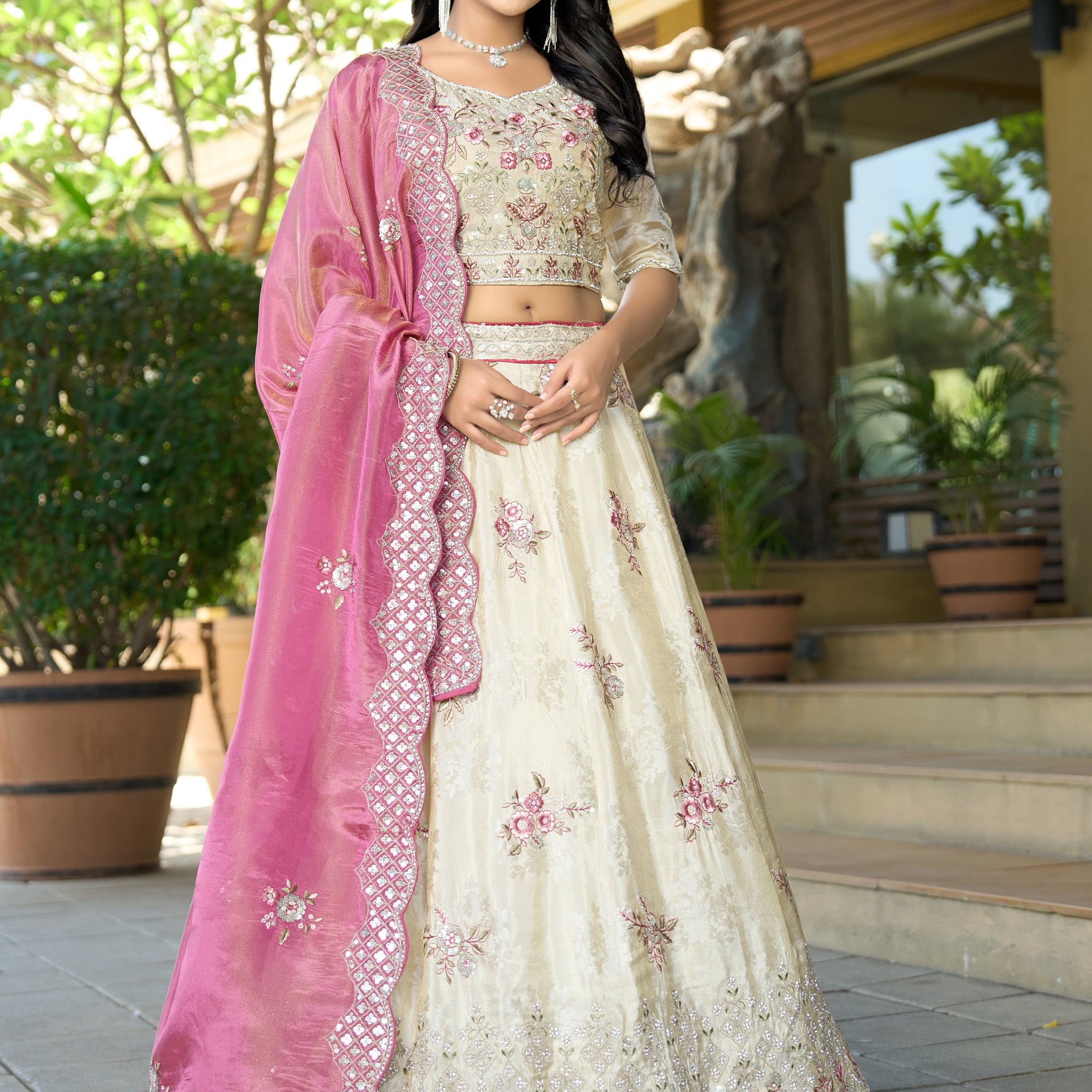 Sweet Off-White Zarkan Work Jacquard Reception Wear Lehenga With Blouse