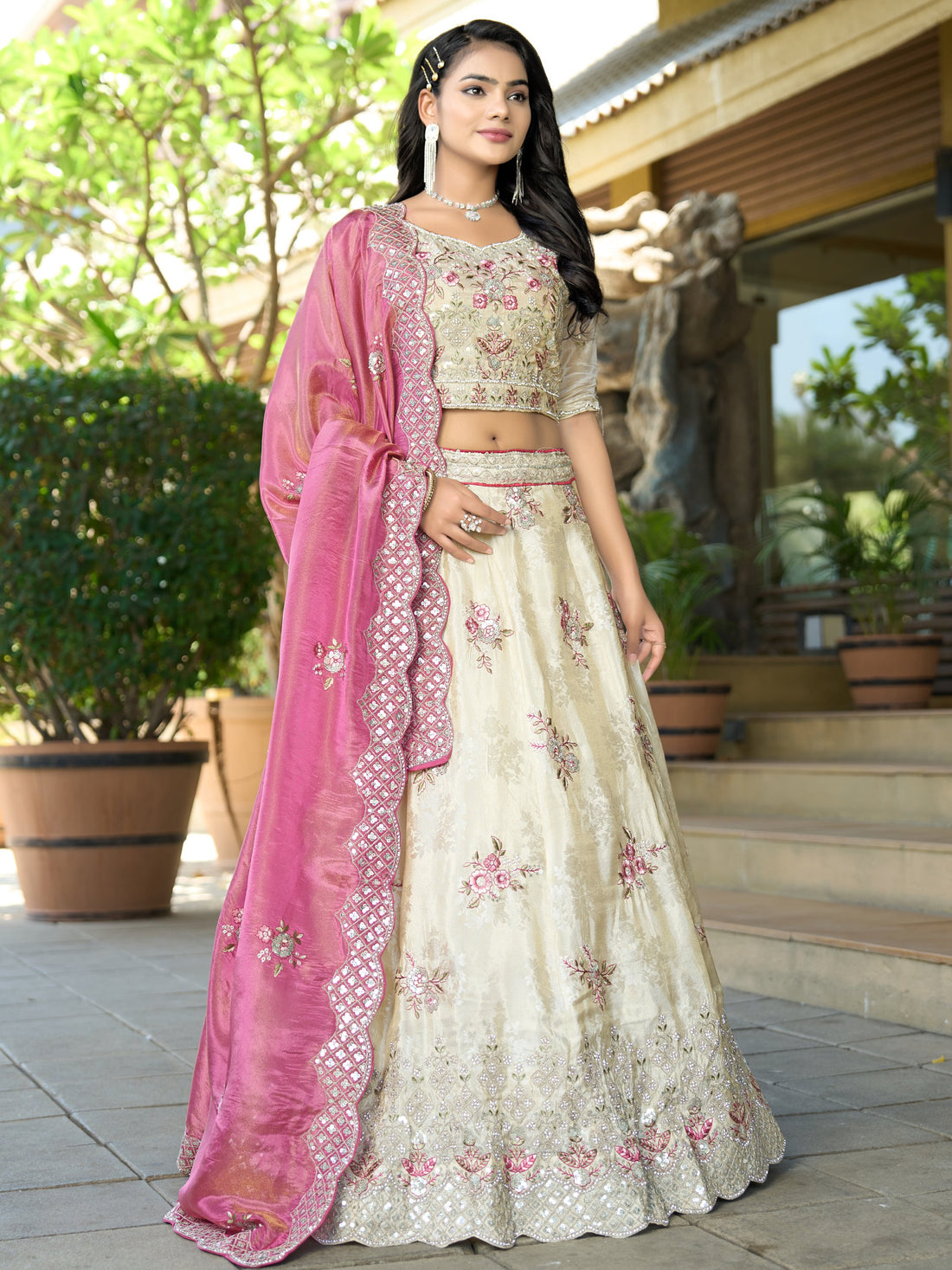 Sweet Off White Zarkan Work Jacquard Reception Wear Lehenga With Blouse