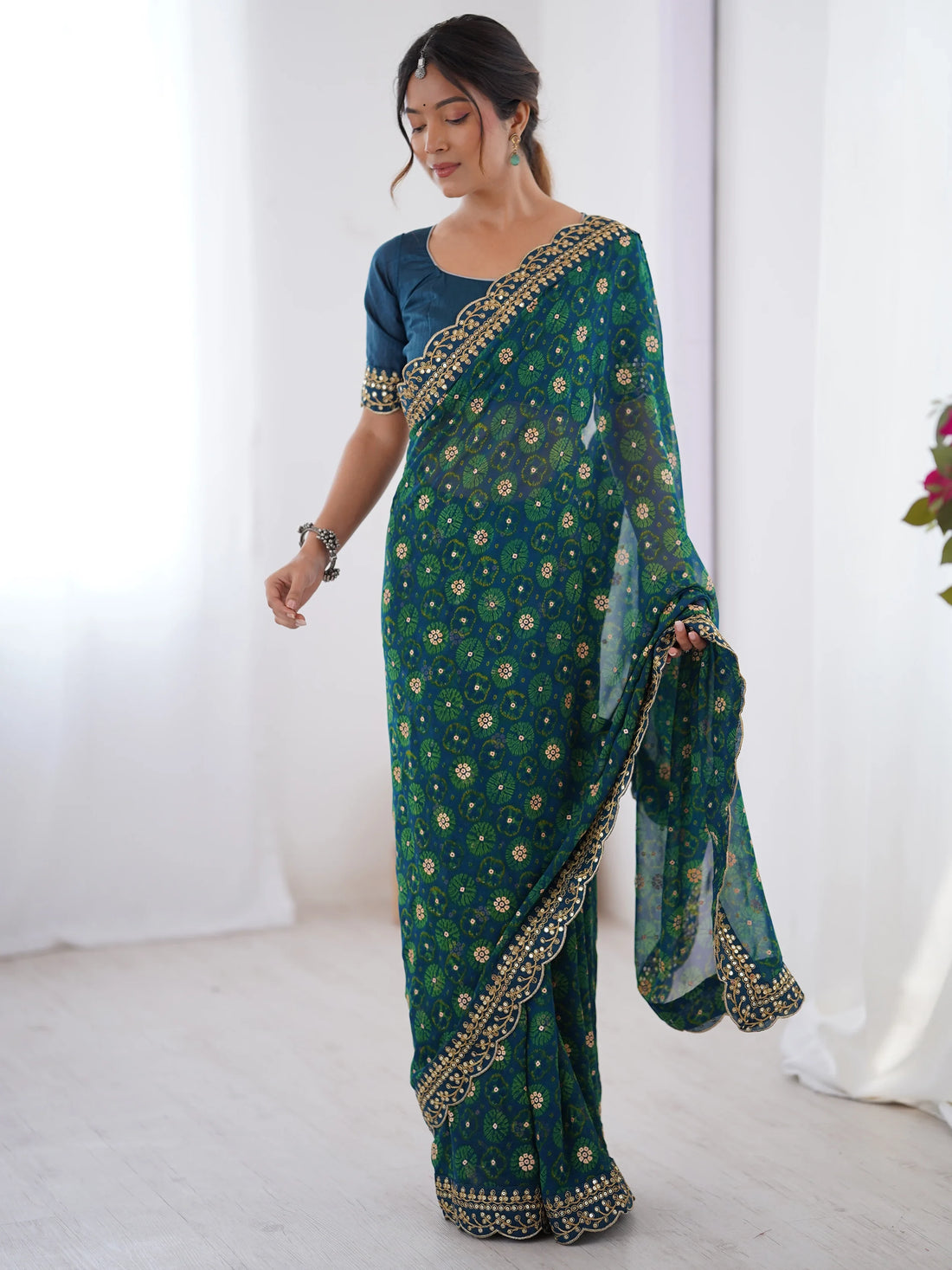 Wonderful Aqua Blue Designer Embroidery Lace Saree With Blouse - Zeel Clothing