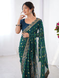 Wonderful Aqua Blue Designer Embroidery Lace Saree With Blouse - Zeel Clothing